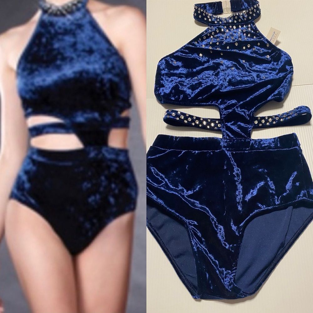 Rare Glamour competition solo dance costume 2 piece style blue velvet SA adult